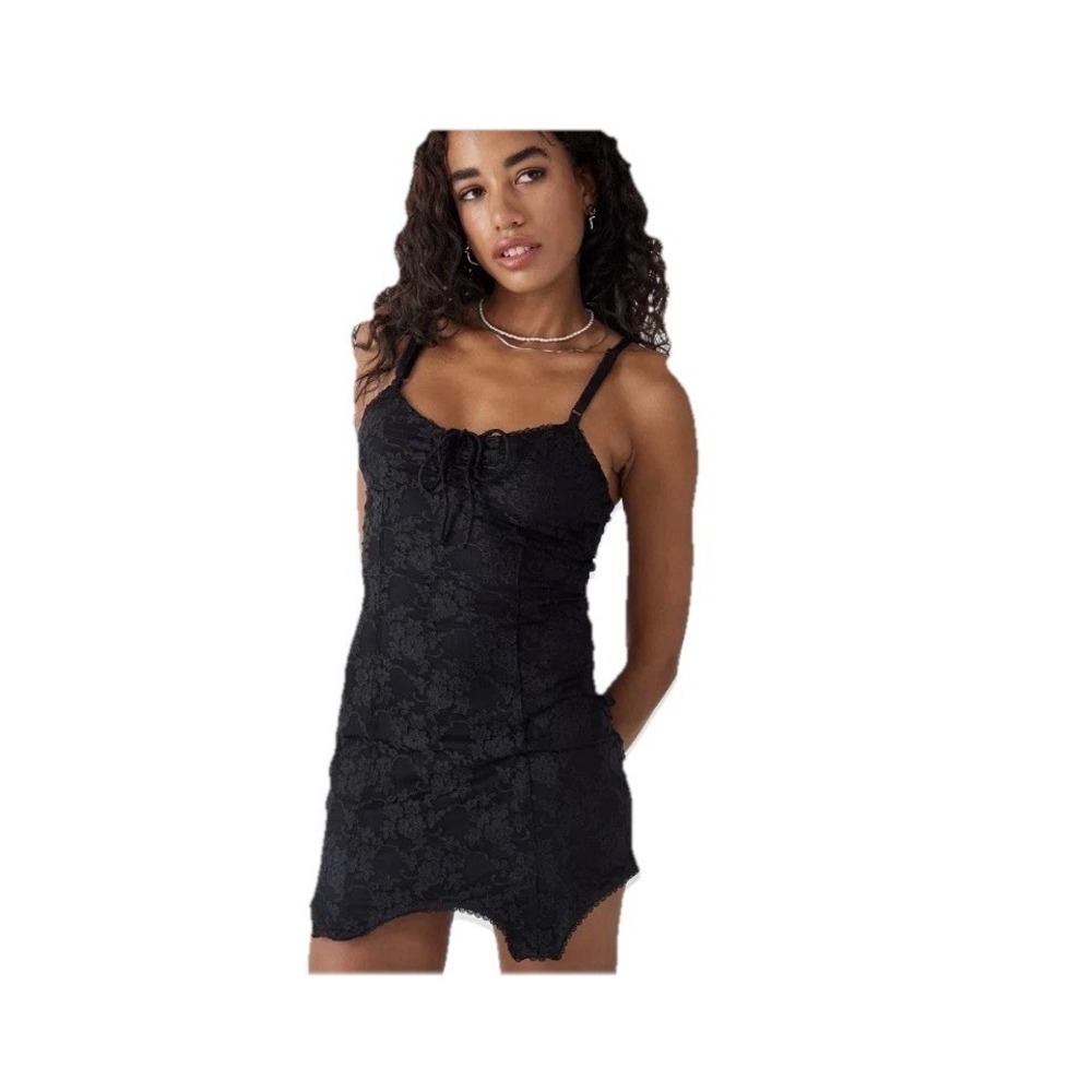 Urban Outfitters Elise Black Lace Mini Slip Dress  Adjustable Goth Whimsy Size S